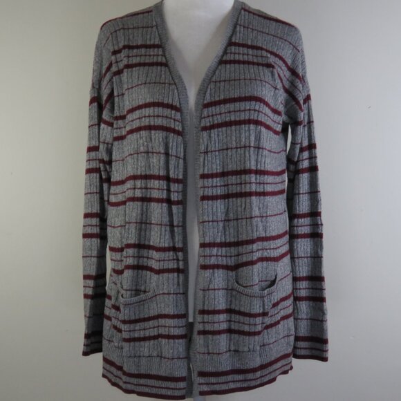 Mudd Women's Gray & Maroon Striped Long-Sleeve Open Cardigan Size M (C1308) - Picture 2 of 7